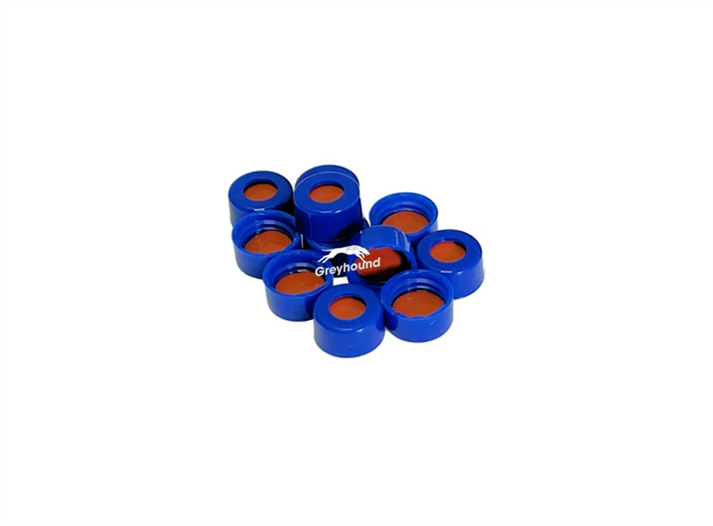 Picture of 9mm Open Top Screw Cap, Blue with PTFE/Natural Rubber Septa, 1mm, (Shore A 60)